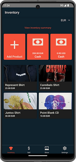 MerchMaster band merch inventory management screen showing items, sizes, and prices for a touring band